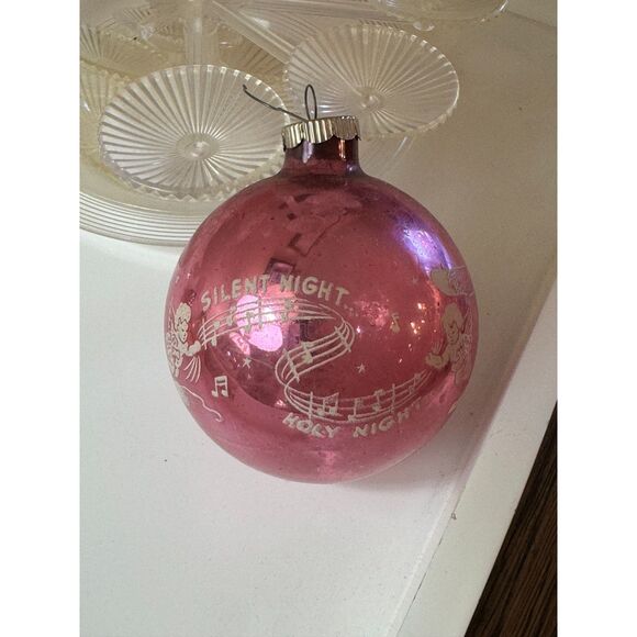 Vintage large  pink Christmas ball, Christmas ornament Silent Night stenciled - Picture 6 of 6
